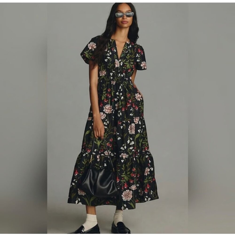 NWT Anthropologie Somerset Maxi in Black Floral Cotton Tiered Dress S